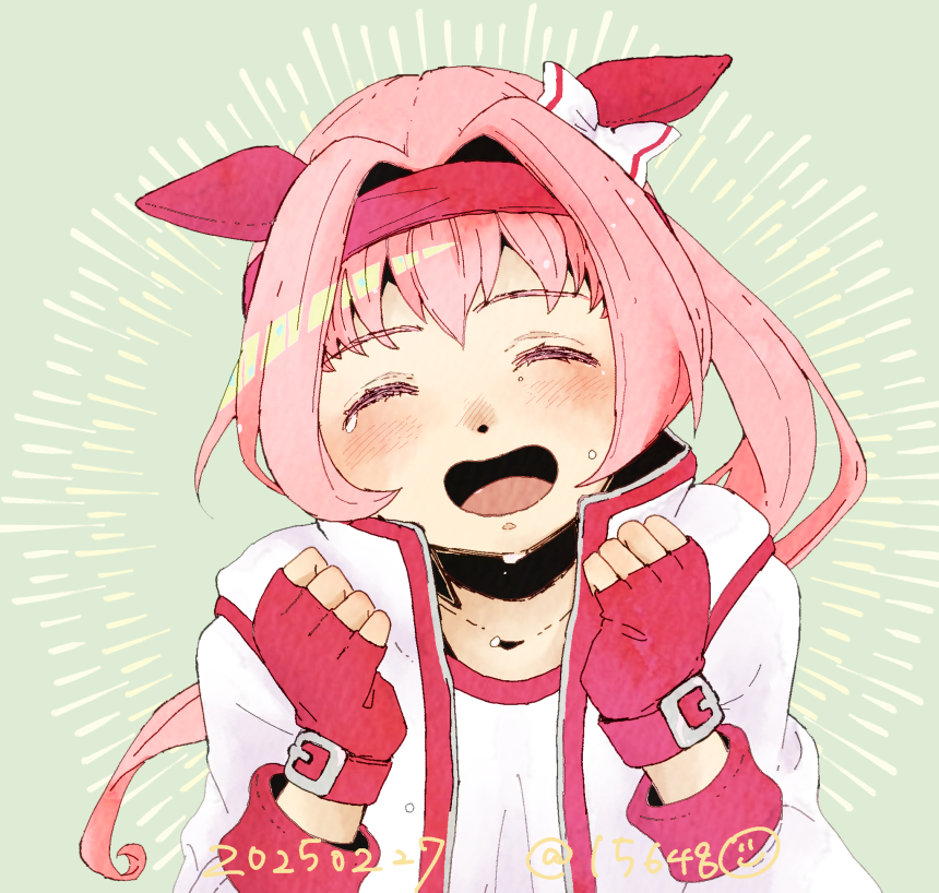 ichigo6480, haru urara (umamusume), umamusume, 1girl, animal ears, blush, bow, closed eyes, collarbone, ear bow, ear covers, fingerless gloves, gloves, hairband, headband, horse ears, horse girl, jacket, long hair, open clothes, open jacket, open mouth, pink hair, pink headband, ponytail, red headband, shirt, simple background, smile, solo, tears, upper body, white jacket, white shirt