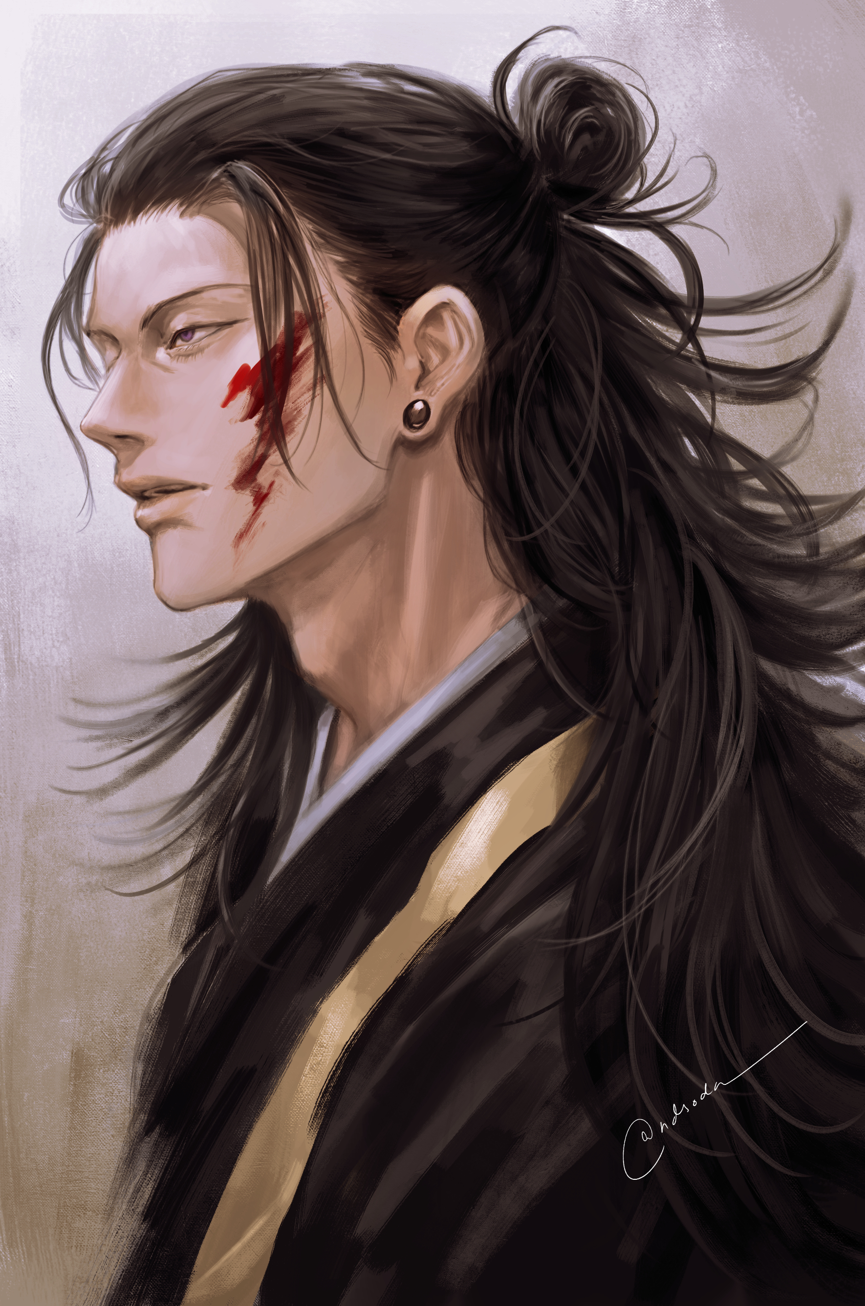 ndsoda, getou suguru, jujutsu kaisen, absurdres, highres, 1boy, black eyes, black hair, black kimono, blood, blood on face, ear piercing, grey background, hair bun, japanese clothes, kimono, long hair, male focus, parted lips, piercing, profile, solo, teeth, upper body, upper teeth only
