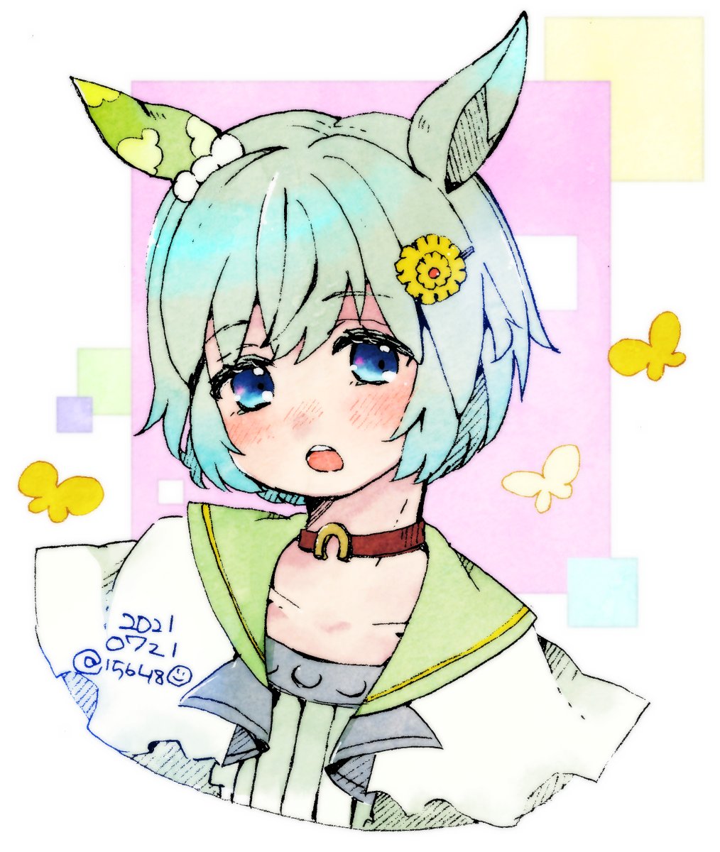 ichigo6480, seiun sky (umamusume), umamusume, highres, 1girl, animal ears, blue eyes, blue hair, blush, brown choker, bug, butterfly, choker, collarbone, dress, ear covers, flower, grey hair, hair between eyes, hair flower, hair ornament, hairclip, horse ears, horse girl, insect, looking at viewer, open mouth, shirt, short hair, single ear cover, solo, sunflower, sunflower hair ornament, teeth, upper body, upper teeth only