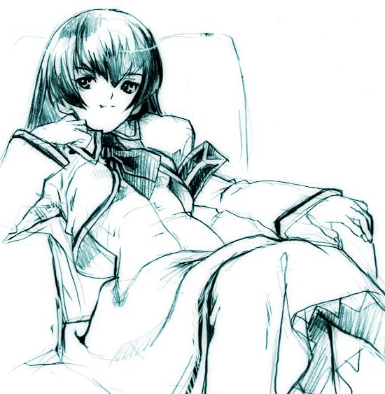 hayasaka ouka, busou renkin, 00s, 1girl, armband, armchair, chair, feet out of frame, female focus, long hair, looking at viewer, monochrome, school uniform, simple background, sitting, sketch, solo, white background