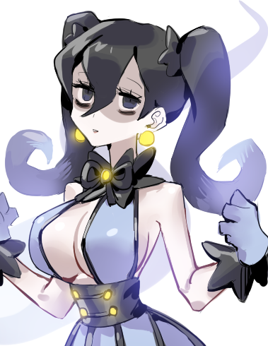 raine (acke2445), chandelure, hex maniac (pokemon legends: z-a), nintendo, pokemon, pokemon legends: z-a, lowres, 1girl, @ @, alternate costume, alternate hairstyle, black hair, black ribbon, breasts, buttons, chandelure (cosplay), cleavage, corset, cosplay, detached collar, dress, earrings, frilled gloves, frills, gen 5 pokemon, gloves, hair between eyes, jewelry, large earrings, long hair, neck ribbon, purple corset, purple dress, purple eyes, purple gloves, ribbon, shaded face, sideboob, sleeveless, sleeveless dress, sphere earrings, twintails