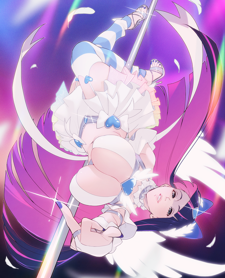 hanpetos, stocking (psg), panty & stocking with garterbelt, 1girl, angel wings, blue eyes, breasts, colored inner hair, dress, frilled skirt, frills, large breasts, long hair, looking at viewer, middle finger, multicolored hair, pink hair, pole, pole dancing, purple nails, skirt, smile, solo, striped clothes, stripper pole, thighhighs, two-tone hair, upside-down, white dress, white skirt, wings