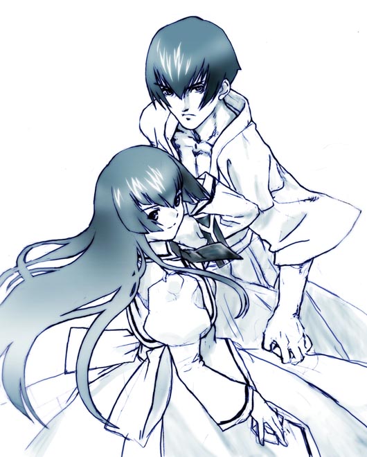 hayasaka ouka, hayasaka shusui, busou renkin, 00s, 1boy, 1girl, adjusting hair, armband, feet out of frame, hakama, hakama skirt, japanese clothes, juliet sleeves, light smile, long hair, long sleeves, looking at viewer, looking back, monochrome, puffy sleeves, school uniform, short hair, siblings, simple background, sketch, skirt, smile, twins, white background