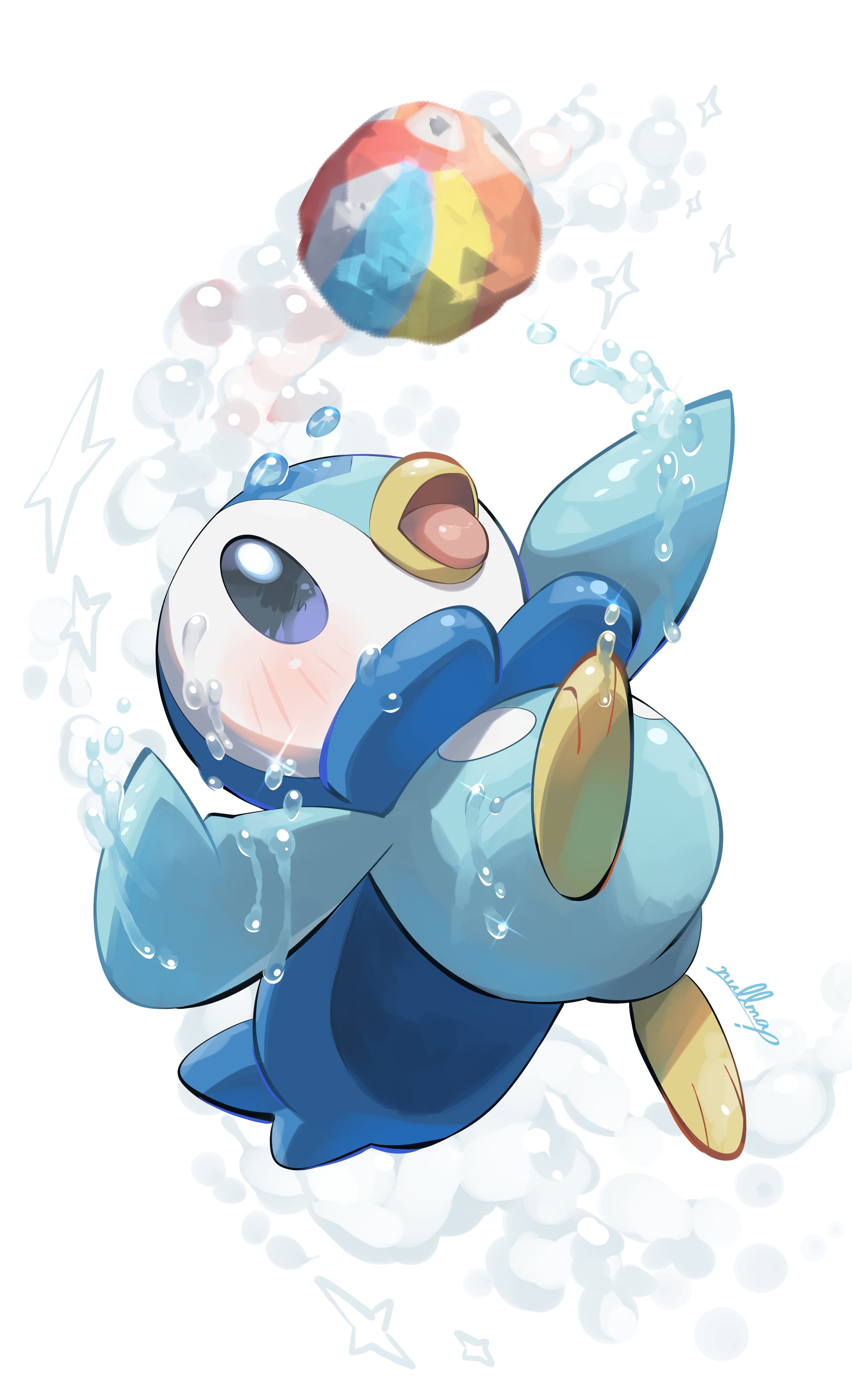 nullma, piplup, nintendo, pokemon, absurdres, highres, animal focus, ball, beachball, beak, bird, blush, full body, gen 4 pokemon, no humans, open mouth, penguin, pokemon (creature), pokemon focus, smile, tongue, water, water drop