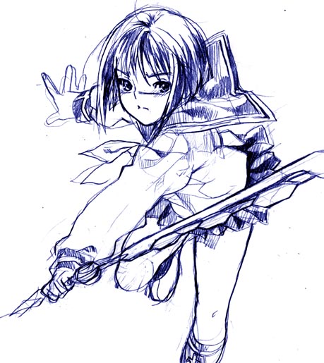 tsumura tokiko, busou renkin, 00s, monochrome, scar, school uniform, serafuku, sketch, valkyrie skirt