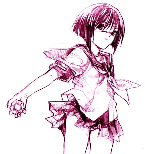 tsumura tokiko, busou renkin, 00s, monochrome, scar, school uniform, serafuku, sketch