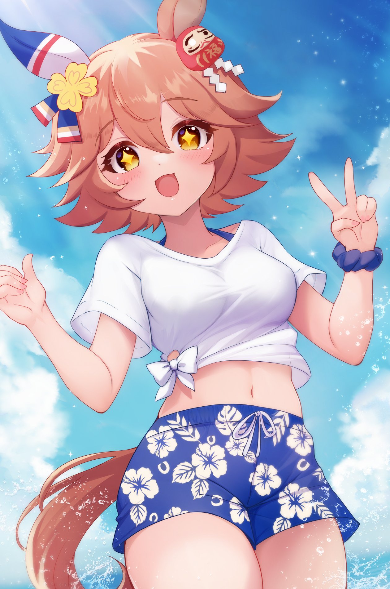 terimuku, matikanefukukitaru (umamusume), umamusume, commentary request, highres, + +, 1girl, :d, animal ears, blue scrunchie, blue shorts, blue sky, blush, breasts, brown eyes, brown hair, cloud, collarbone, daruma doll, day, floral print, flower, gaze on me! outfit (umamusume), hair between eyes, hair flower, hair ornament, hands up, horse ears, horse girl, horse tail, looking at viewer, medium breasts, midriff, navel, open mouth, outdoors, print shorts, scrunchie, shide, shirt, shorts, sky, smile, solo, splashing, tail, tied shirt, v, water, white shirt, wrist scrunchie, yellow flower