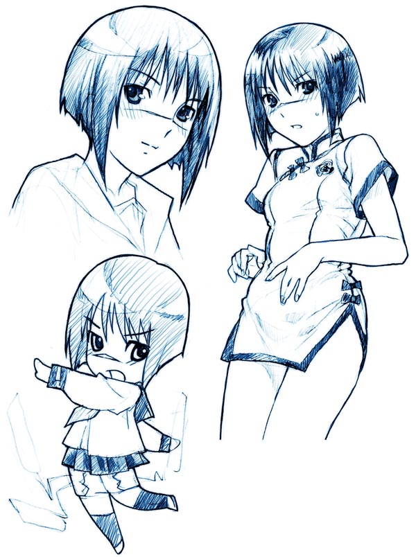 tsumura tokiko, busou renkin, 00s, monochrome, scar, school uniform, serafuku, sketch