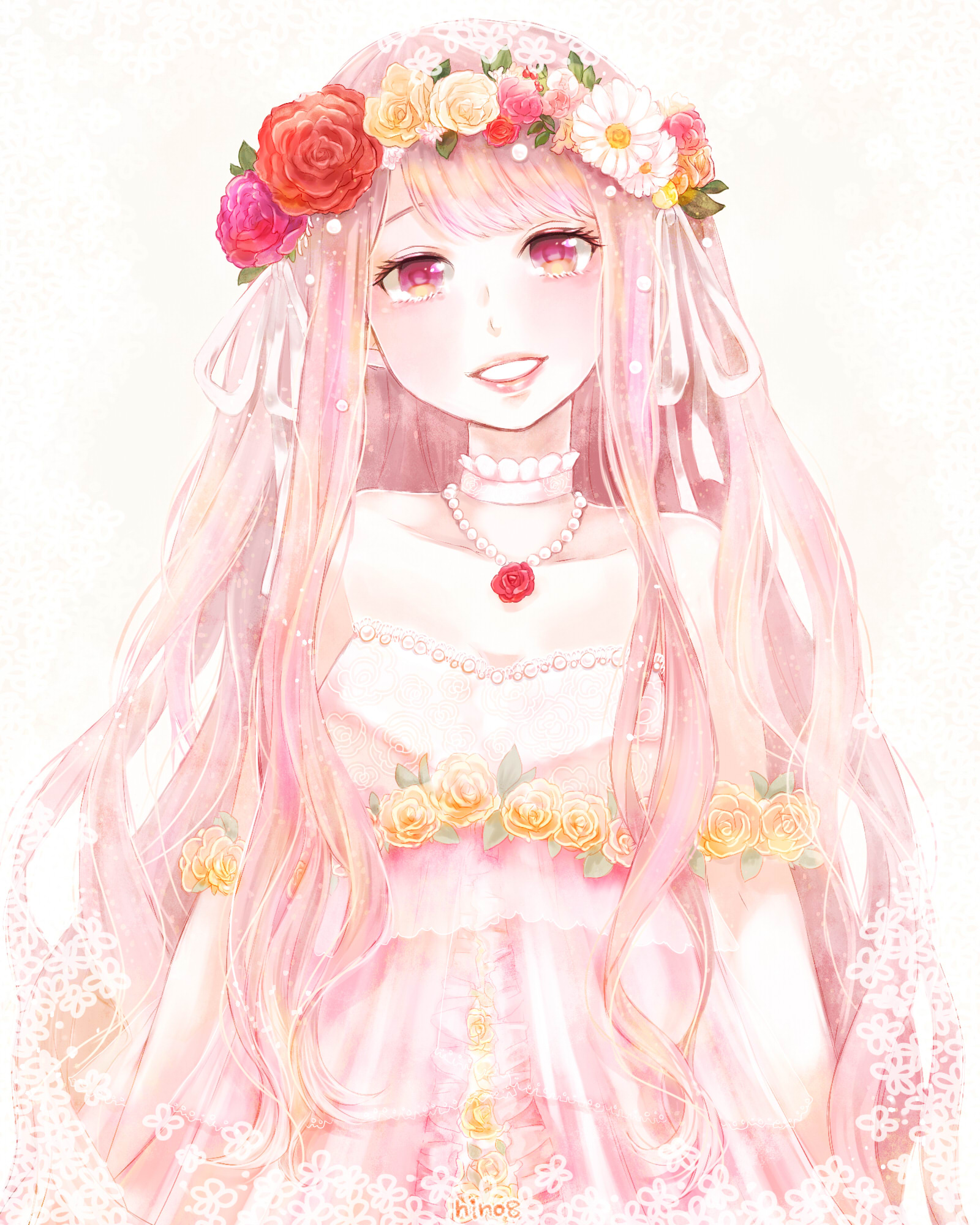 hino (8), nikki (nikki), miracle nikki, nikki (series), commentary request, highres, partial commentary, 1girl, bare shoulders, bead necklace, beads, brown eyes, choker, cowboy shot, daisy (flower), dress, eyelashes, flower, flower necklace, frilled choker, frilled dress, frills, gradient eyes, grin, hair beads, hair ornament, hair ribbon, happy, head wreath, jewelry, light particles, lipstick, long hair, long sidelocks, makeup, multicolored eyes, necklace, pink choker, pink dress, pink eyes, pink flower, pink hair, pink lips, pink rose, purple flower, red flower, red rose, ribbon, rose, sidelocks, simple background, smile, solo, strapless, strapless dress, very long hair, wavy hair, white background, white flower, white ribbon, white rose, yellow flower, yellow rose