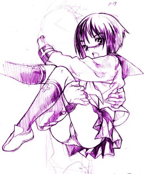 tsumura tokiko, busou renkin, 00s, monochrome, panties, scar, school uniform, serafuku, sketch, underwear