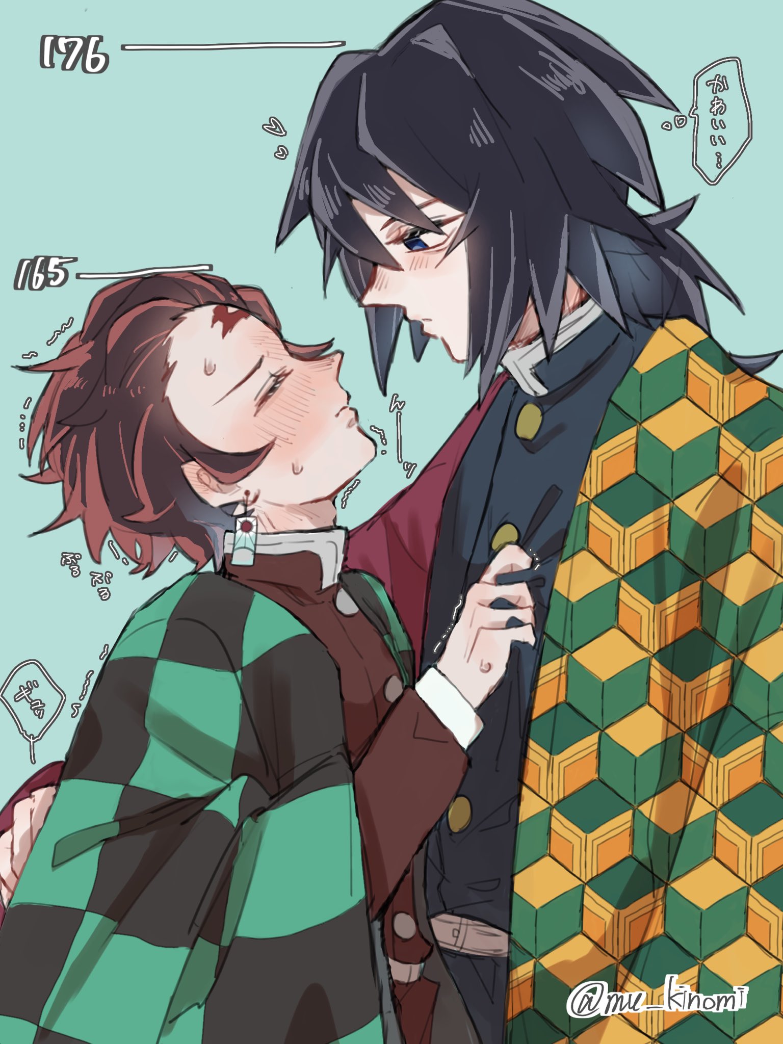 kamado tanjirou, tomioka giyuu, kimetsu no yaiba, highres, translation request, black hair, black jacket, black pants, blue eyes, blush, brown hair, buttons, closed mouth, demon slayer uniform, green background, half-closed eyes, haori, jacket, japanese clothes, looking at viewer, low ponytail, male focus, mu kinomi, pants, ponytail, print haori, red haori, short hair, spiked hair, twitter username, white pants, yaoi