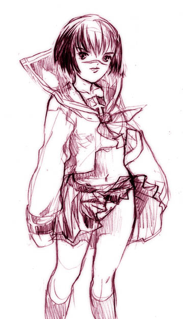 tsumura tokiko, busou renkin, 00s, monochrome, panties, scar, school uniform, serafuku, sketch, underwear