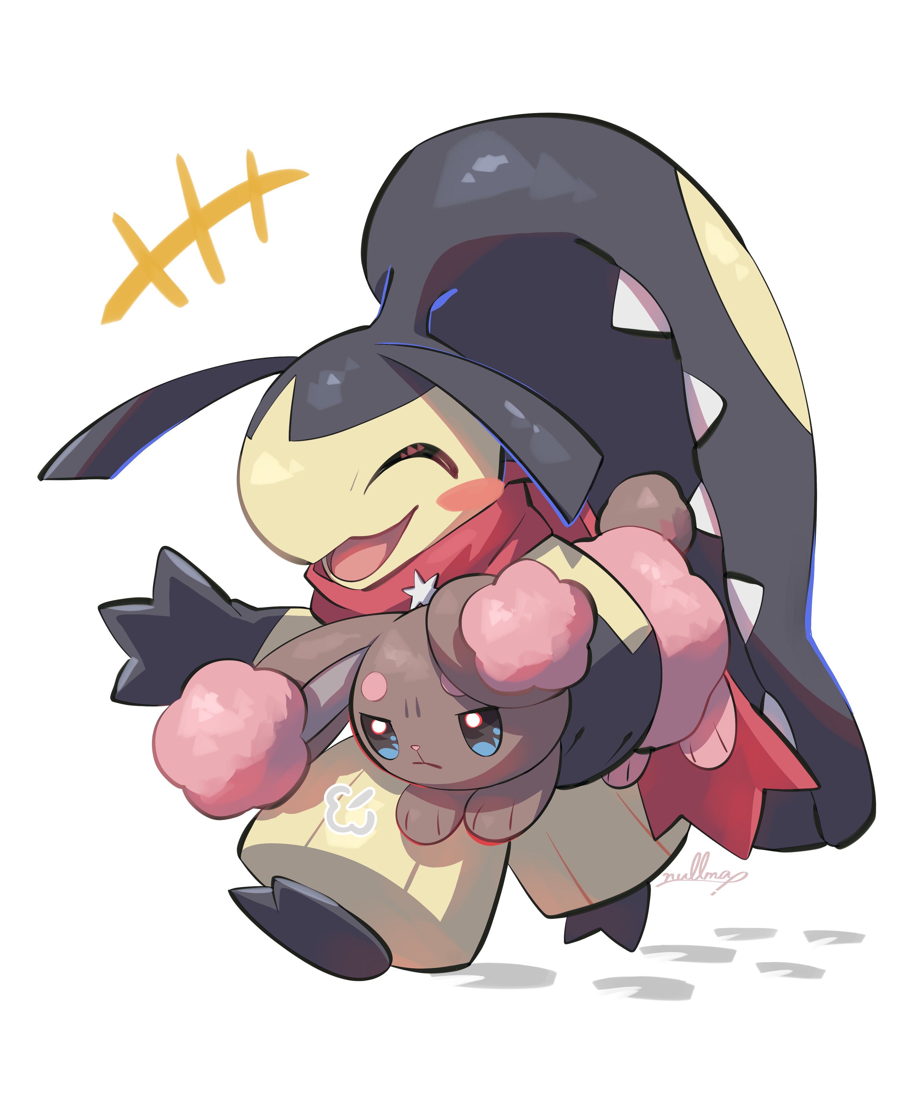 nullma, buneary, mawile, nintendo, pokemon, absurdres, highres, alternate color, animal ears, black skin, blush, brown fur, closed eyes, closed mouth, colored skin, extra mouth, frown, full body, gen 3 pokemon, gen 4 pokemon, holding, multicolored skin, no humans, open mouth, pokemon (creature), pokemon focus, rabbit ears, red scarf, scarf, sharp teeth, shiny pokemon, smile, teeth, two-tone skin, yellow skin