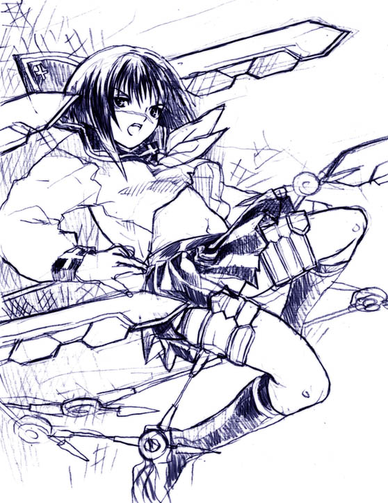 tsumura tokiko, busou renkin, 00s, monochrome, scar, school uniform, serafuku, sketch, valkyrie skirt