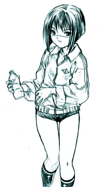 tsumura tokiko, busou renkin, 00s, gym uniform, monochrome, scar, sketch