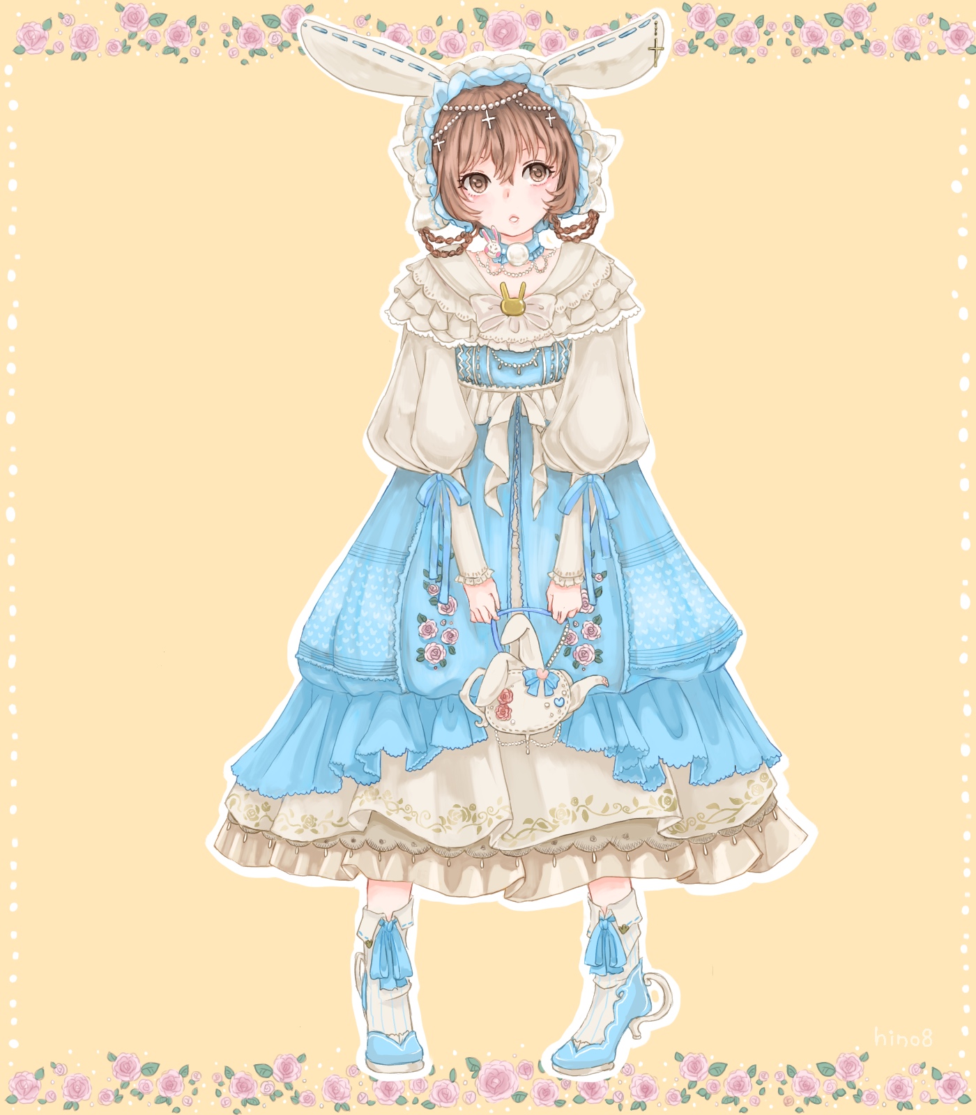 hino (8), miracle nikki, nikki (series), commentary, highres, 1girl, :o, animal ear headwear, animal ears, bag, beads, blue bow, blue choker, blue dress, blue shoes, bonnet, bow, bow legwear, braid, braided hair rings, brown hair, camellia, choker, circlet, classic lolita, cross hair ornament, dress, fake animal ears, floral print, flower, frilled dress, frilled headwear, frilled sleeves, frills, full body, hair beads, hair between eyes, hair ornament, hair rings, handbag, high heels, holding, holding bag, juliet sleeves, layered dress, light blush, lolita fashion, long dress, long sleeves, looking at viewer, medium hair, outline, parted lips, pom pom (clothes), puffy sleeves, pumps, rabbit and camellias (miracle nikki), rabbit ears, shoes, sleeve bow, socks, solo, standing, teapot, white bag, white bonnet, white dress, white outline, white socks, yellow background