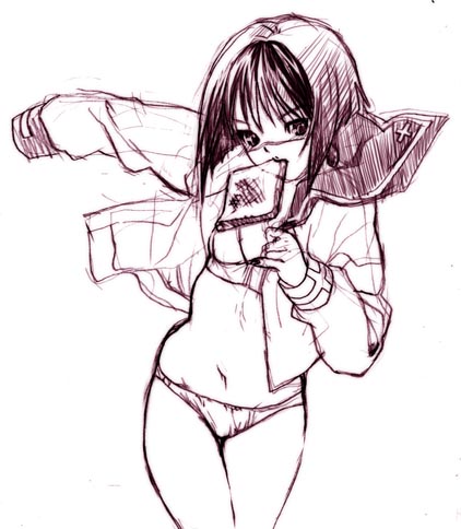 tsumura tokiko, busou renkin, lowres, 00s, 1girl, bob cut, female focus, midriff, monochrome, panties, scar, scar on face, scar on nose, school uniform, serafuku, sketch, solo, underwear