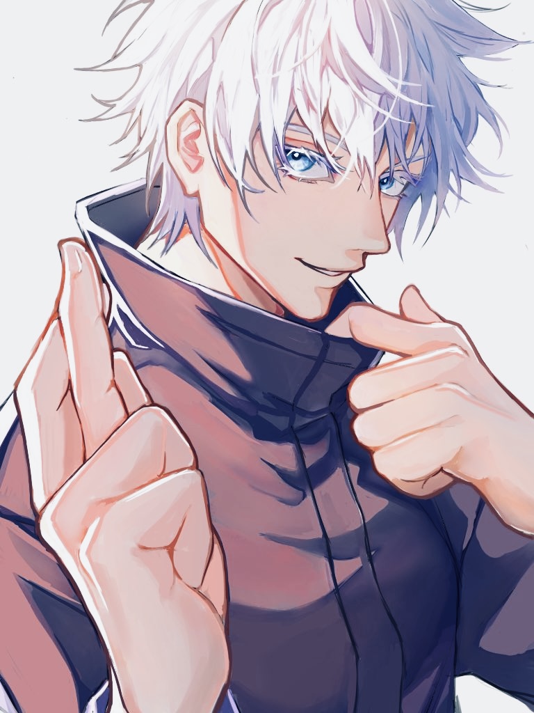 izumi (2476264), gojou satoru, jujutsu kaisen, 1boy, black jacket, blue eyes, colored eyelashes, hair between eyes, hand up, high collar, jacket, looking at viewer, male focus, short hair, simple background, smirk, solo, spiked hair, teeth, upper body, white background, white eyelashes, white hair