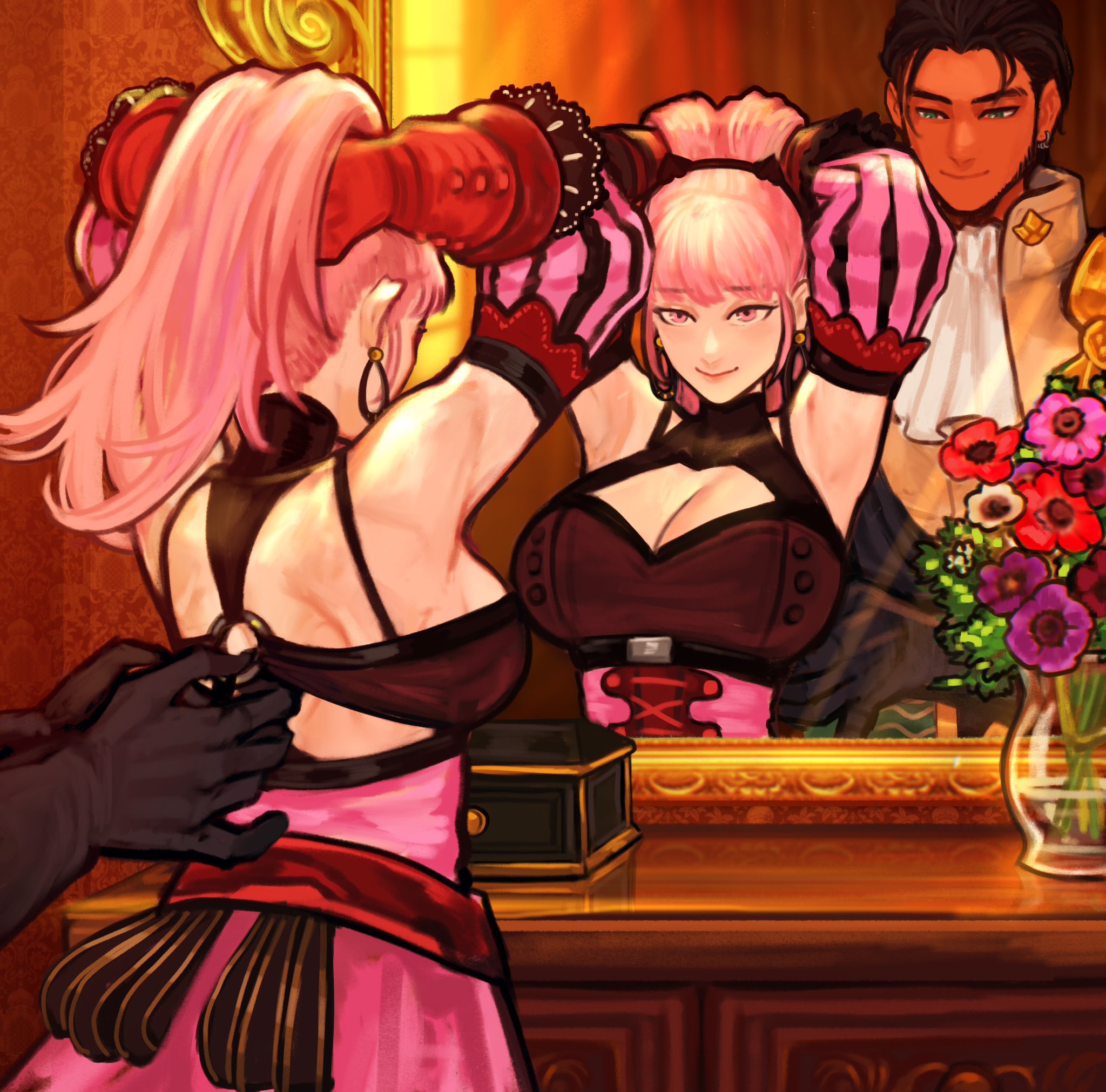 sethkiel, claude von riegan, claude von riegan (timeskip), hilda valentine goneril, hilda valentine goneril (timeskip), fire emblem, fire emblem: three houses, nintendo, highres, 1boy, 1girl, animal ears, armpits, arms up, backless outfit, breasts, dark-skinned male, dark skin, dressing another, flower, from behind, indoors, large breasts, looking at mirror, mirror, pink hair, ponytail, smile, solo focus