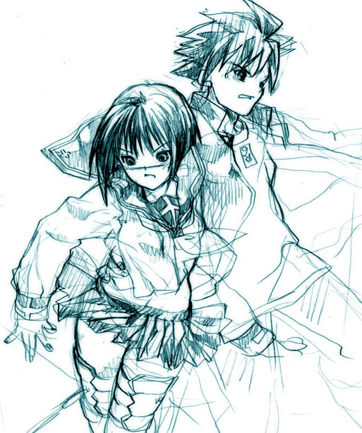 mutou kazuki, tsumura tokiko, busou renkin, 00s, monochrome, scar, school uniform, serafuku, sketch, valkyrie skirt