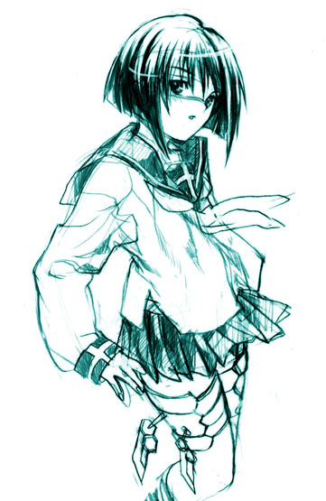 tsumura tokiko, busou renkin, 00s, monochrome, scar, school uniform, serafuku, sketch, valkyrie skirt