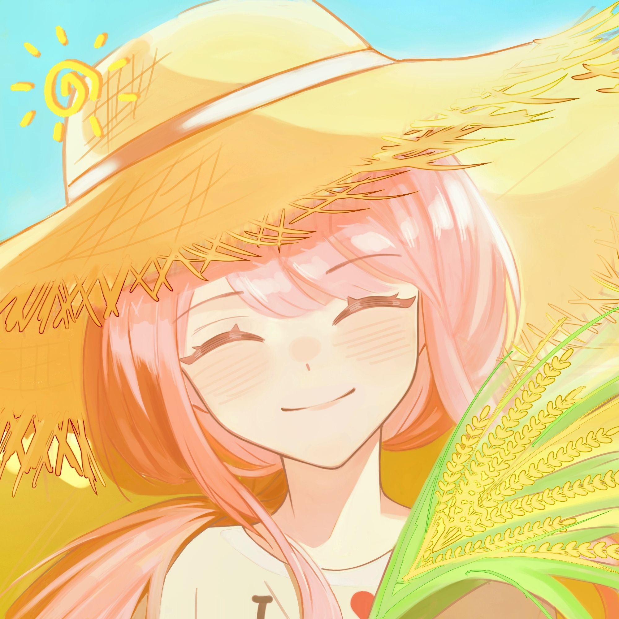 nikki (nikki), infinity nikki, nikki (series), stardew valley, chinese commentary, commentary request, highres, 1girl, ^ ^, blue sky, blunt bangs, blush, brown hat, closed eyes, closed mouth, clothes writing, day, gusangyin, happy, hat, heart, heart print, holding wheat, lips, long hair, low twintails, outdoors, pink hair, pink lips, shirt, sidelocks, sky, smile, solo, straw hat, sun hat, sun symbol, t-shirt, twintails, upper body, wavy hair, white shirt
