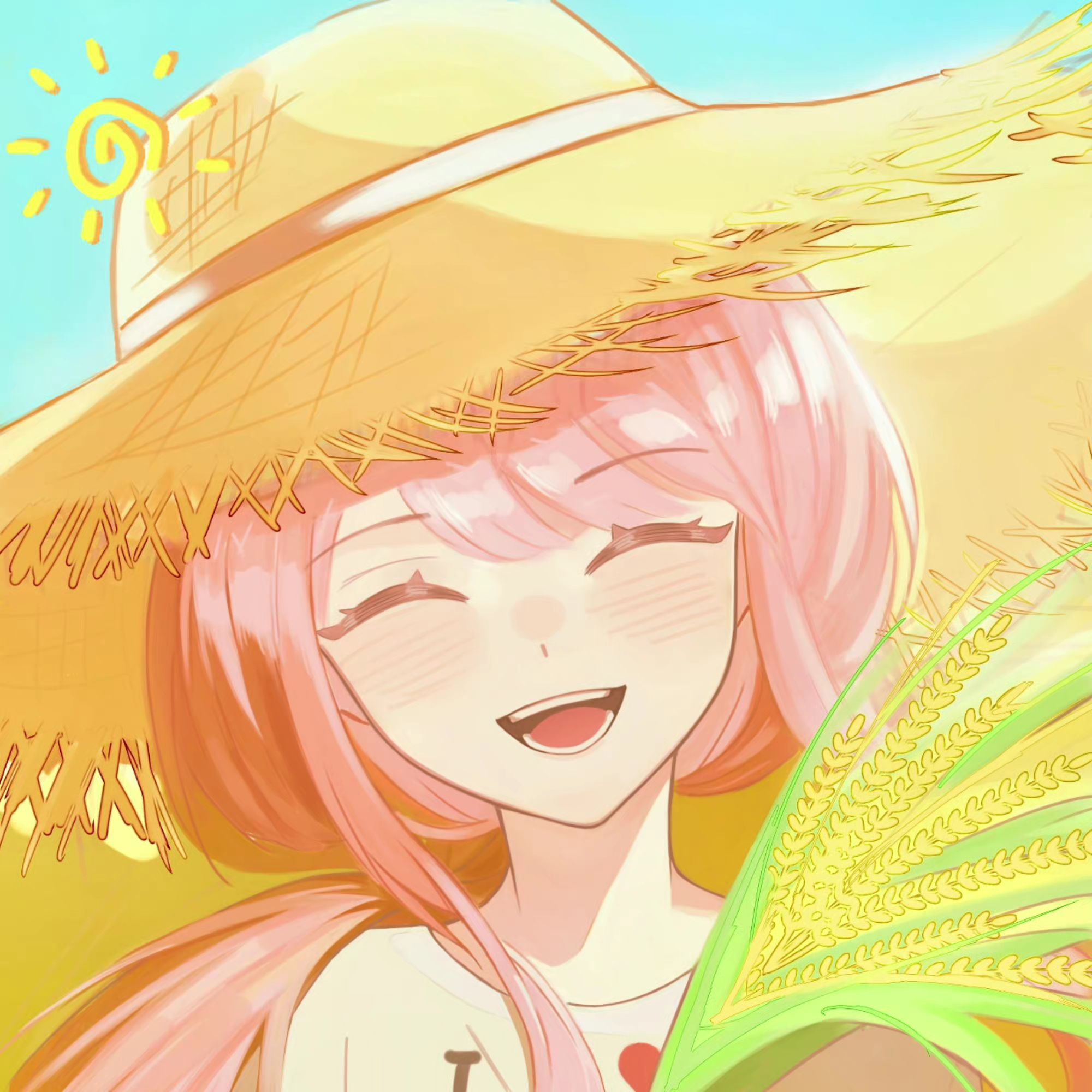 nikki (nikki), infinity nikki, nikki (series), stardew valley, chinese commentary, commentary request, highres, 1girl, ^ ^, blue sky, blunt bangs, blush, brown hat, closed eyes, clothes writing, day, gusangyin, happy, hat, heart, heart print, holding wheat, lips, long hair, low twintails, open mouth, outdoors, pink hair, pink lips, shirt, sidelocks, sky, smile, solo, straw hat, sun hat, sun symbol, t-shirt, teeth, twintails, upper body, wavy hair, white shirt