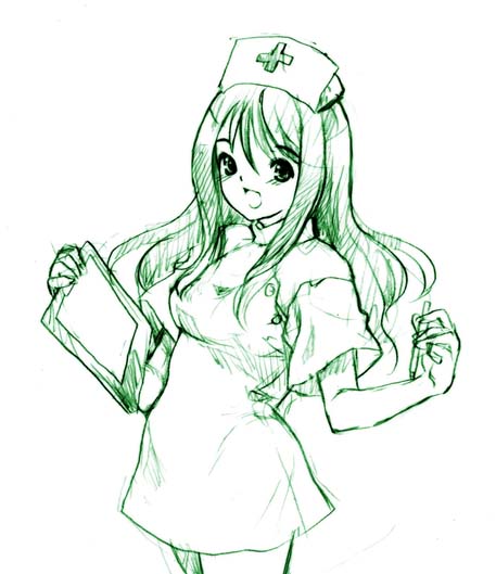mutou mahiro, busou renkin, 00s, monochrome, nurse, sketch