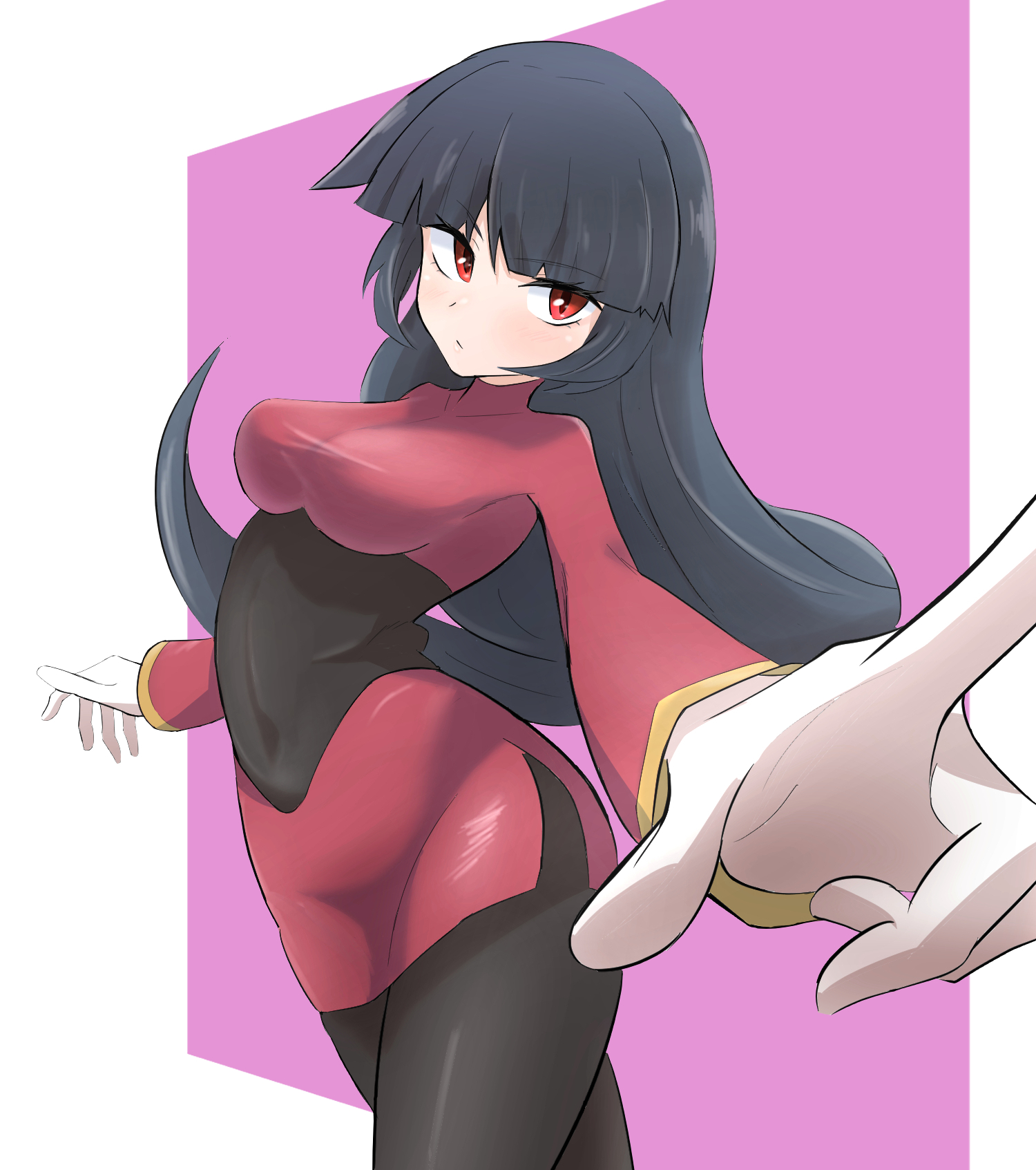 vanishingknife, sabrina (pokemon), nintendo, pokemon, pokemon frlg, commentary request, highres, partial commentary, 1girl, black hair, blue hair, blunt bangs, blush, bodysuit, bodysuit under clothes, breasts, cropped jacket, gloves, jacket, long hair, long sleeves, medium breasts, miniskirt, pantyhose, pencil skirt, red eyes, red jacket, red skirt, skirt, solo, straight hair, turtleneck, turtleneck jacket, white gloves
