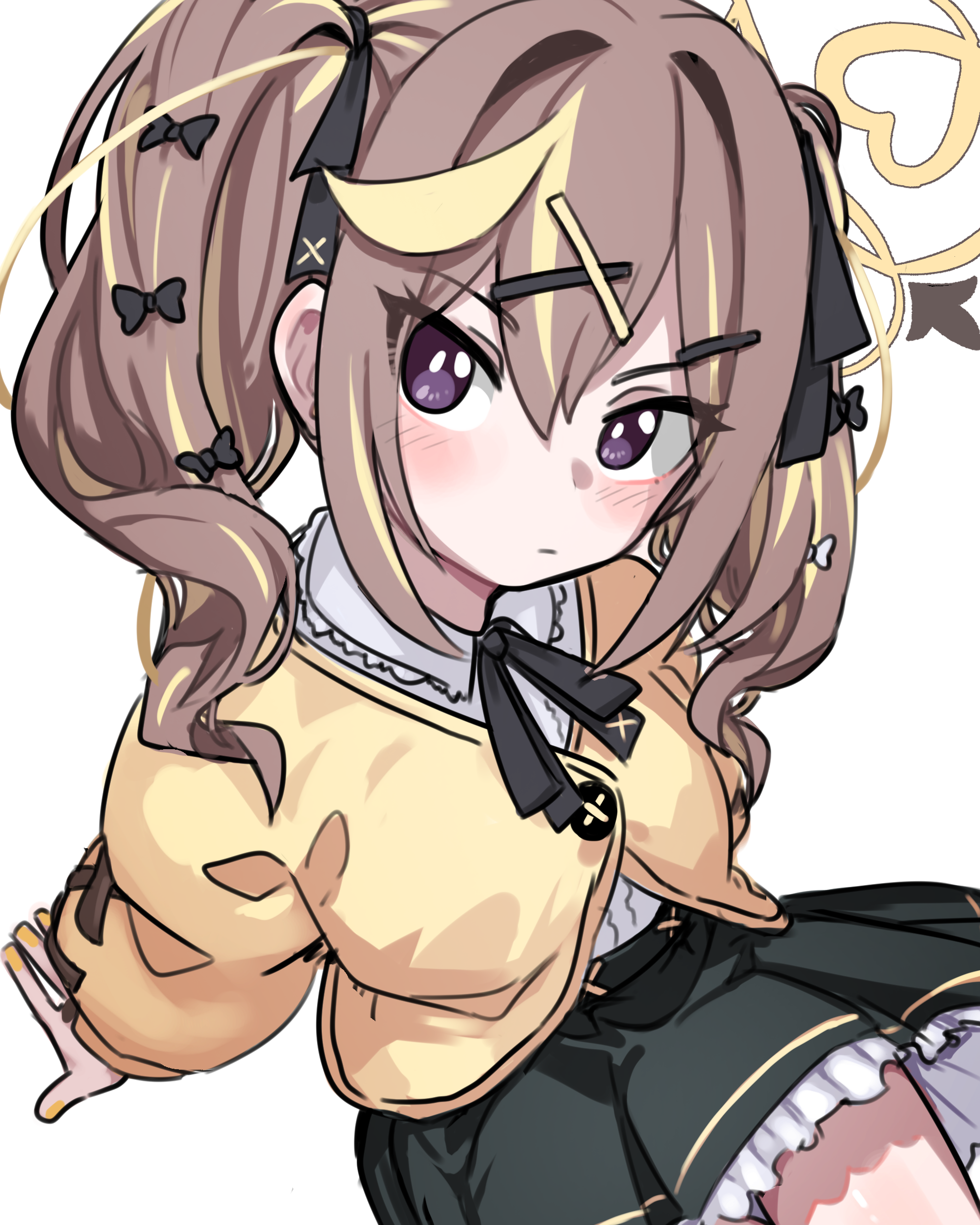 neophyte, rena (blue archive), blue archive, blonde hair, blush stickers, brown hair, cardigan, frilled skirt, frills, hair ornament, hair ribbon, hairclip, halo, multicolored hair, purple eyes, ribbon, shirt, skirt