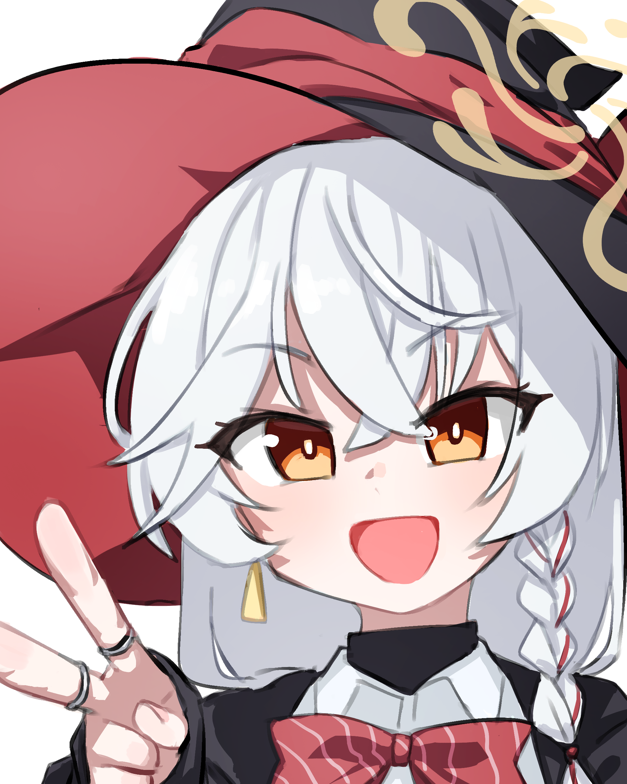 neophyte, eri (blue archive), blue archive, :d, bow, bowtie, braid, earrings, halo, hat, jacket, jewelry, long coat, open mouth, orange eyes, portrait, ring, shirt, smile, sweater, v, white hair, witch hat