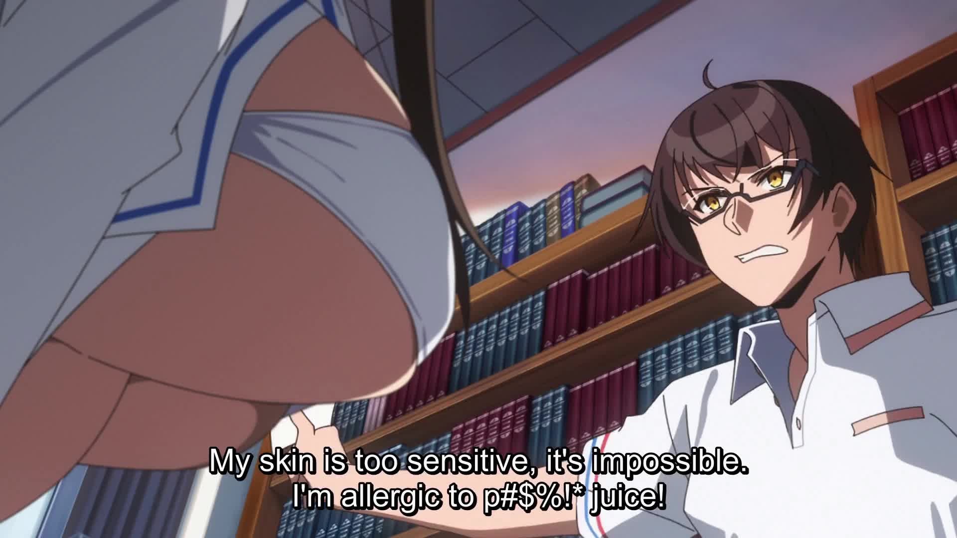 tachibana junnosuke, tadasugawa rei, nukigee mitai na shima ni sunderu watashi wa dou surya ii desu ka?, animated, anime screenshot, highres, sound, tagme, video, 1boy, 1girl, bouncing breasts, breasts, brown hair, glasses, huge breasts, large breasts, open clothes, open shirt, revealing clothes, school uniform, shirt, strapless, subtitled, tube top, underboob, white shirt, white tube top