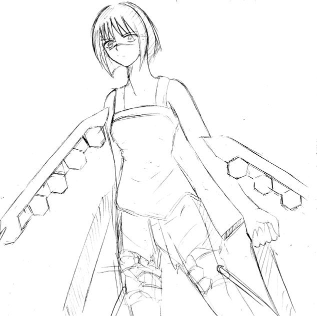 tsumura tokiko, busou renkin, 00s, monochrome, scar, sketch, valkyrie skirt