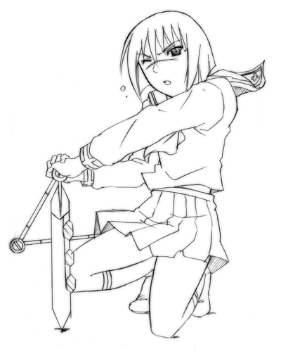 tsumura tokiko, busou renkin, lowres, 00s, monochrome, scar, school uniform, serafuku, sketch, valkyrie skirt