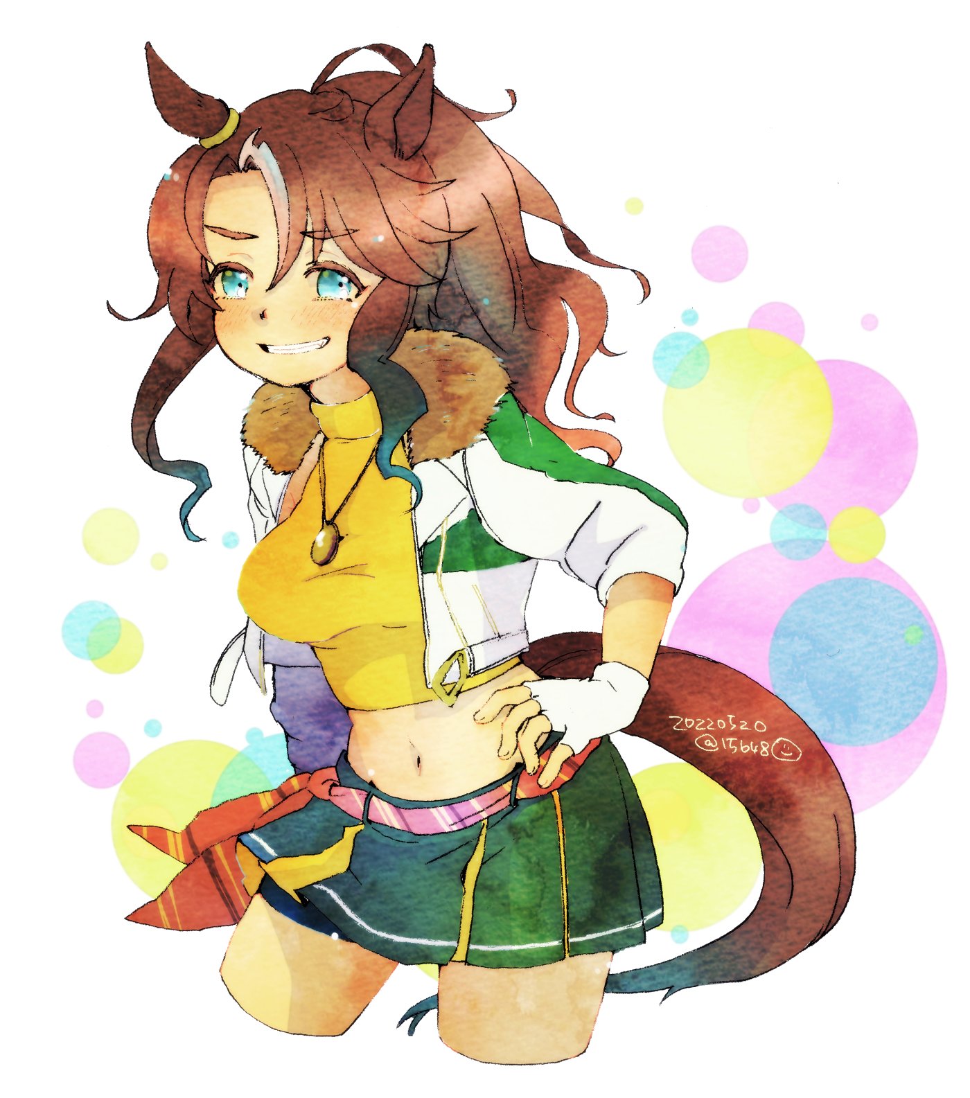 ichigo6480, mejiro palmer (umamusume), umamusume, highres, animal ears, blue eyes, blush, breasts, brown hair, cropped jacket, cropped shirt, ear ornament, fingerless gloves, fur trim, gloves, green skirt, hair between eyes, hair ornament, horse ears, horse girl, horse tail, jacket, long hair, long sleeves, looking at viewer, medium breasts, midriff, multicolored hair, navel, open clothes, open jacket, open mouth, shirt, skirt, smile, streaked hair, tail, teeth, white gloves, white hair, white jacket, yellow shirt