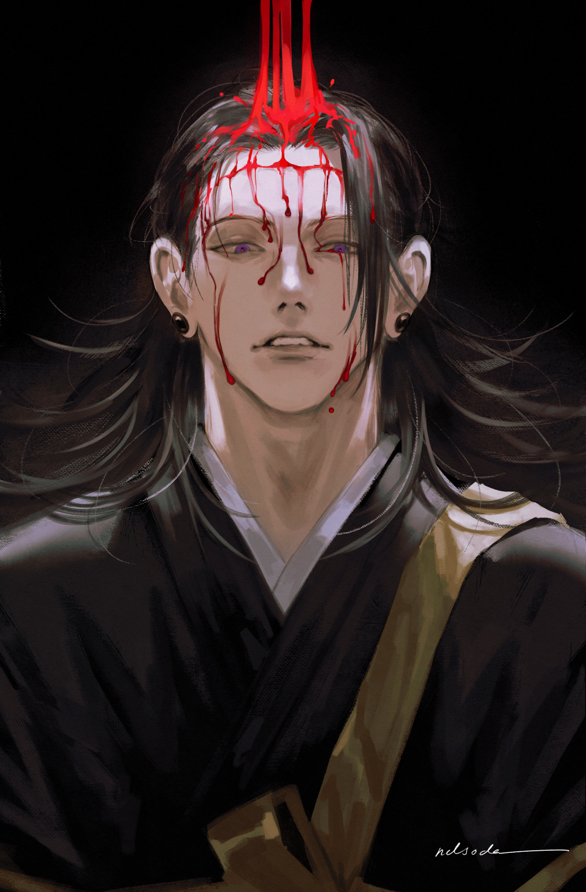 ndsoda, getou suguru, getou suguru (kenjaku), kenjaku, jujutsu kaisen, highres, 1boy, black hair, black kimono, blood, blood in hair, blood on face, ear piercing, earrings, japanese clothes, jewelry, kesa, kimono, looking at viewer, male focus, medium hair, object on head, piercing, purple eyes, signature, solo, teeth, upper body