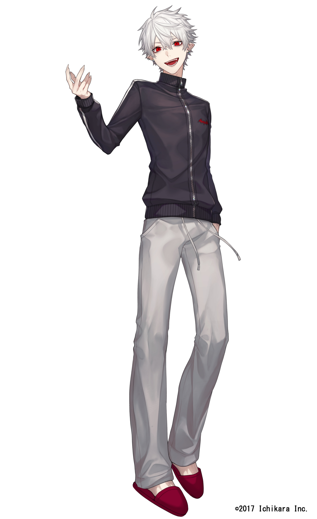 loalo, kuzuha (1st costume) (nijisanji), kuzuha (nijisanji), nijisanji, highres, official art, 1boy, black jacket, copyright notice, ear piercing, earrings, fingernails, full body, hair between eyes, hand in pocket, hand up, jacket, jewelry, long sleeves, looking at viewer, male focus, mole, mole under eye, open mouth, pants, piercing, pointy ears, red eyes, red slippers, sharp fingernails, short hair, simple background, slippers, smile, solo, standing, tachi-e, track jacket, transparent background, very short hair, virtual youtuber, white background, white hair, white pants, zipper