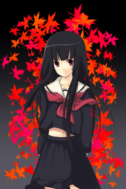 enma ai, jigoku shoujo, 00s, black hair, red eyes, school uniform, serafuku