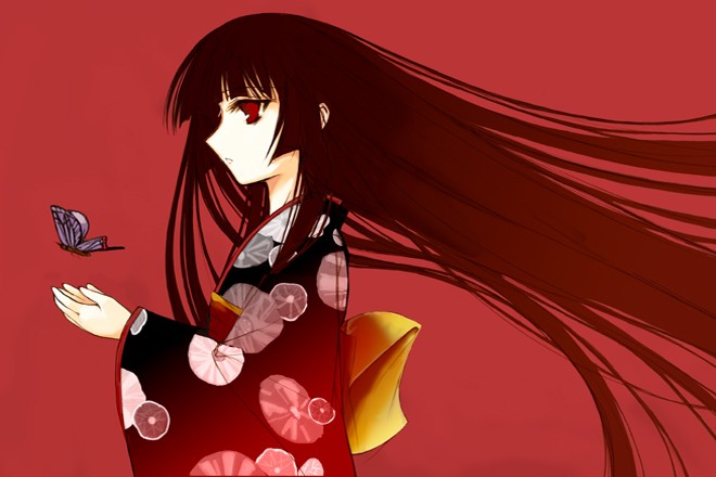 enma ai, jigoku shoujo, 00s, black hair, japanese clothes, kimono, red eyes