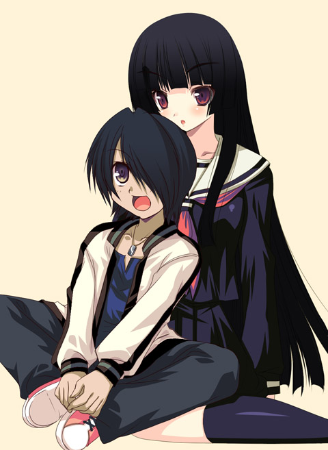 tajima yoshikazu, enma ai, ichimoku ren, jigoku shoujo, 00s, 1boy, 1girl, black hair, black serafuku, blunt bangs, green eyes, hime cut, red eyes, school uniform, serafuku