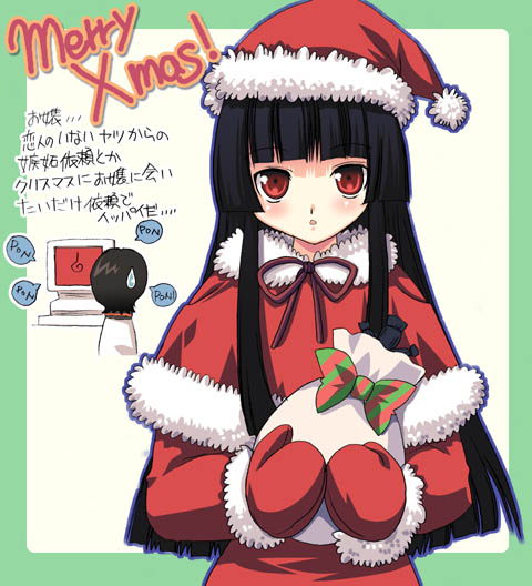 tajima yoshikazu, enma ai, jigoku shoujo, 00s, 1girl, black hair, blunt bangs, christmas, female focus, hat, hime cut, red eyes, santa costume, santa hat, solo