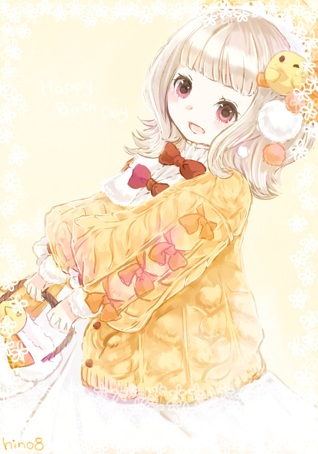 hino (8), gifty (nikki), miracle nikki, nikki (series), commentary request, highres, 1girl, baby animal, basket, beret, bird, bird hair ornament, blonde hair, blunt bangs, bow, bow button, chick, cowboy shot, dot nose, dress, eyelashes, flower, frilled headwear, hair ornament, hat, holding, holding basket, jacket, light blush, long dress, long sleeves, looking ahead, lovely polka (miracle nikki), medium hair, open mouth, picture frame, pink eyes, pleated dress, pom pom (clothes), pom pom hair ornament, puffy long sleeves, puffy sleeves, red bow, signature, sleeve bow, smile, solo, sweater jacket, tareme, turtleneck, turtleneck dress, white dress, yellow background, yellow bow, yellow hat, yellow jacket