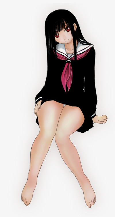 enma ai, jigoku shoujo, 00s, 1girl, barefoot, black hair, black serafuku, blunt bangs, feet, female focus, full body, hime cut, long hair, panties, plantar flexion, red eyes, school uniform, serafuku, skirt, solo, underwear, white panties