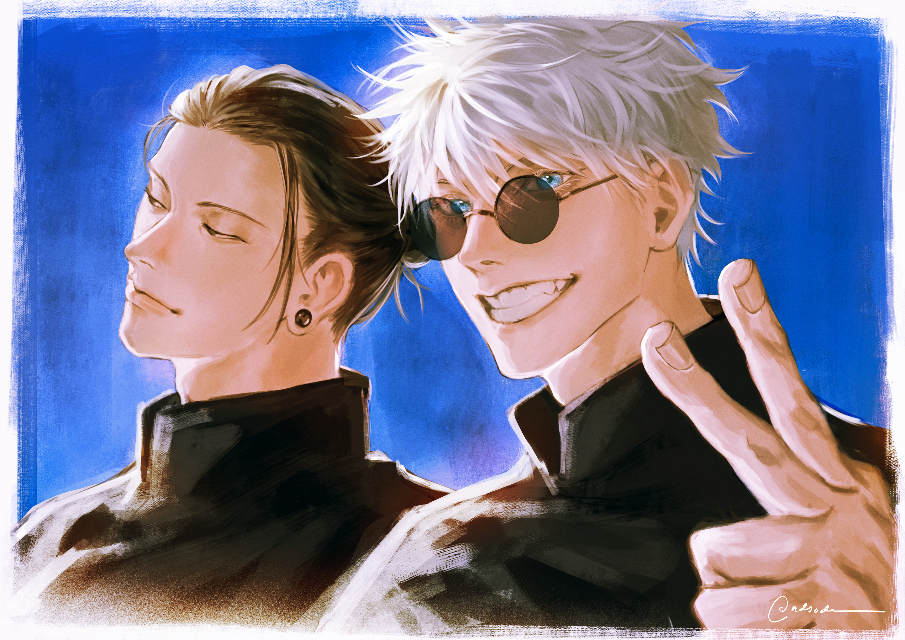 ndsoda, getou suguru, gojou satoru, jujutsu kaisen, highres, 2boys, black hair, black shirt, blue background, blue eyes, border, closed mouth, ear piercing, glasses, grin, hair between eyes, hair bun, half-closed eyes, looking at viewer, looking to the side, male focus, multiple boys, piercing, shirt, short hair, smile, teeth, v, white border, white hair