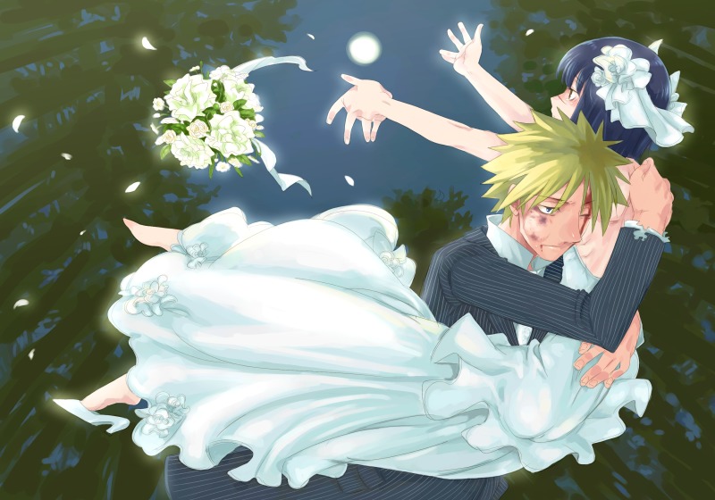 nakamura gouta, tsumura tokiko, busou renkin, 00s, blonde hair, blue hair, dress, scar, wedding dress