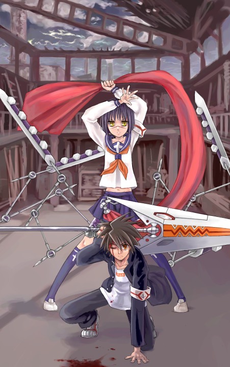 mutou kazuki, tsumura tokiko, busou renkin, 00s, blue hair, brown hair, scar, school uniform, serafuku, sunlight heart, valkyrie skirt, yellow eyes