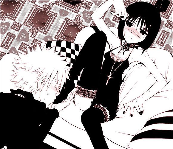 nakamura gouta, tsumura tokiko, busou renkin, 00s, blush, bob cut, feet, foot worship, high contrast, licking, licking foot, monochrome, plantar flexion, scar, thighhighs