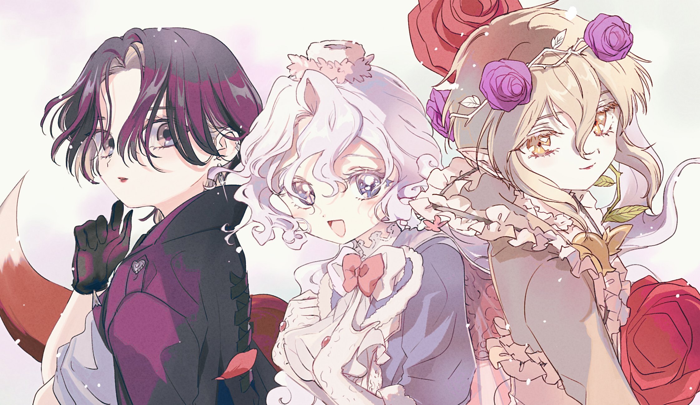 maruino, cranberry (mahoiku), mahou shoujo ikusei keikaku, highres, 3girls, black gloves, black hair, blonde hair, dress, flower, forest musician cranberry gaiden: magical girl raising project unripe duet, fox tail, frilled dress, frills, fur hat, gloves, hat, leaf ornament, long hair, magical girl, miiya octave, multiple girls, open mouth, orange eyes, plant, purple eyes, purple flower, purple rose, red flower, red rose, rose, short hair, smile, tail, theremin doll, vines, white hair