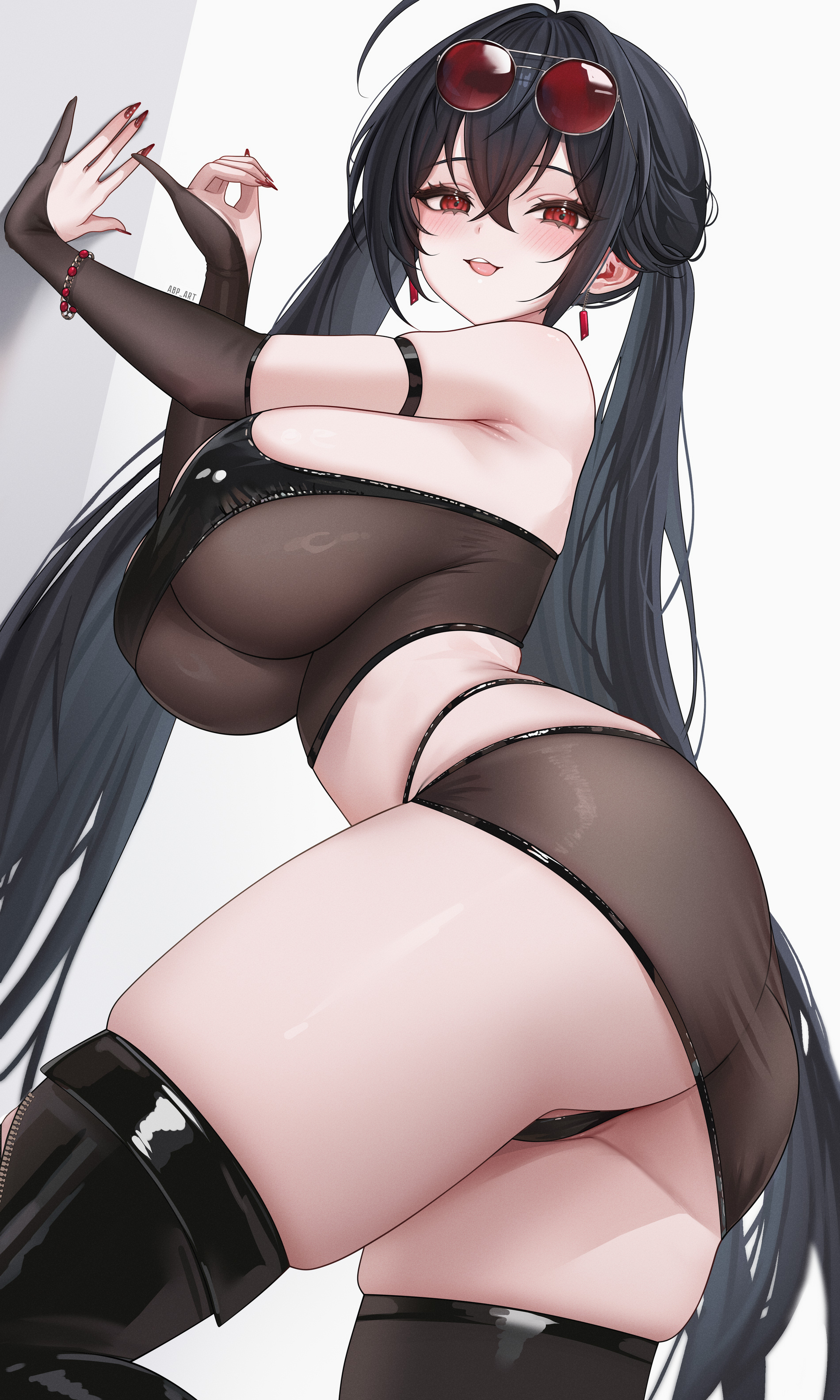 abpart, taihou (azur lane), azur lane, absurdres, highres, paid reward available, 1girl, alternate costume, arm strap, artist name, ass, bare shoulders, black hair, black panties, black skirt, black thighhighs, blush, bracelet, breasts, crossed bangs, eyewear on head, fingernails, jewelry, large breasts, long hair, looking at viewer, looking to the side, open mouth, panties, red-tinted eyewear, red eyes, red nails, see-through clothes, see-through skirt, sharp fingernails, skindentation, skirt, smile, solo, sunglasses, thighhighs, thighs, tinted eyewear, twintails, underwear