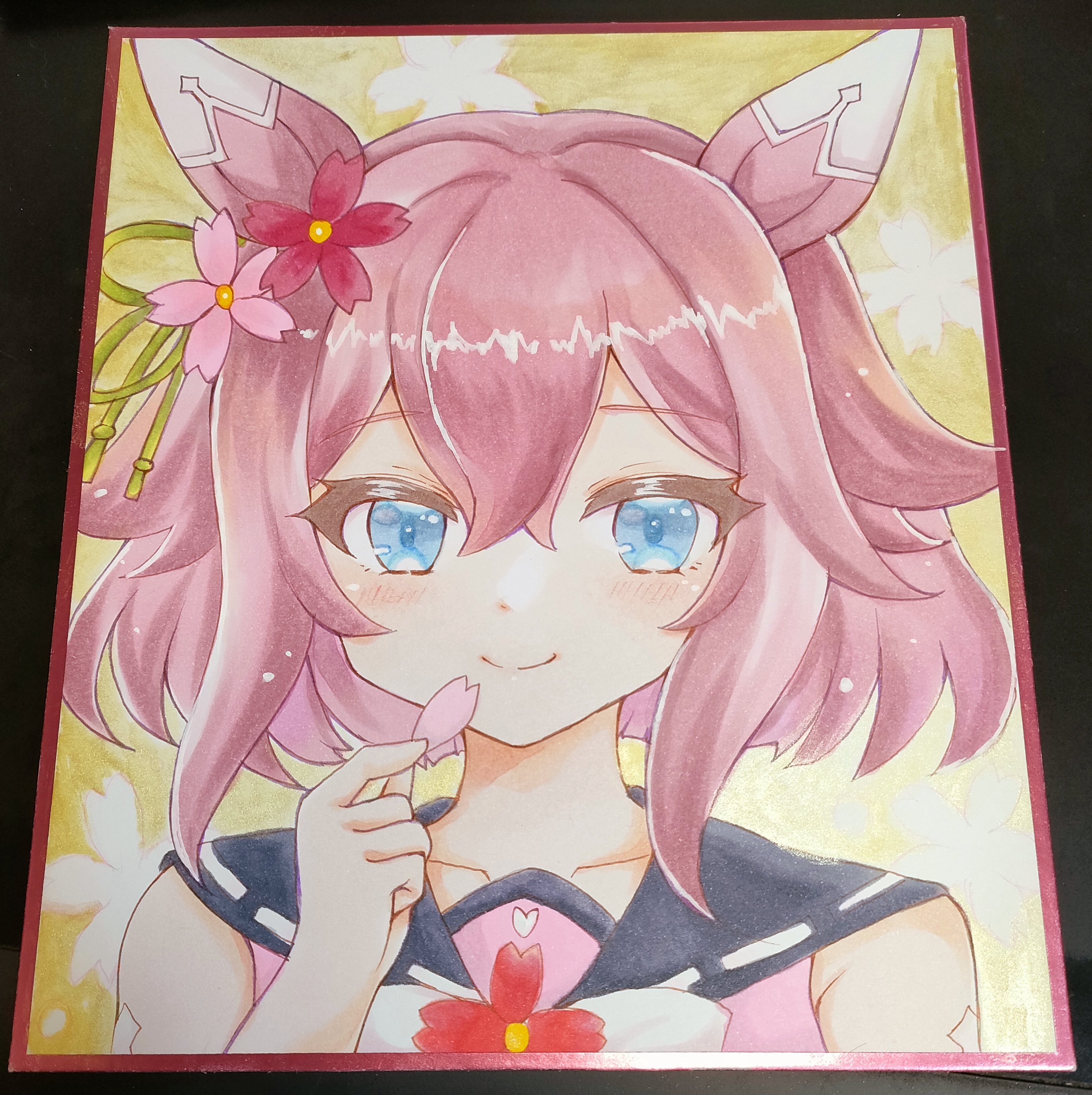 terimuku, sakura chiyono o (umamusume), umamusume, absurdres, commentary request, highres, photo (medium), traditional media, 1girl, black sailor collar, blue eyes, blush, closed mouth, collarbone, flower, hair between eyes, hair flower, hair ornament, hand up, holding, looking at viewer, petals, pink flower, pink shirt, purple hair, red flower, ribbon trim, sailor collar, shikishi, shirt, sleeveless, sleeveless shirt, smile, solo, upper body